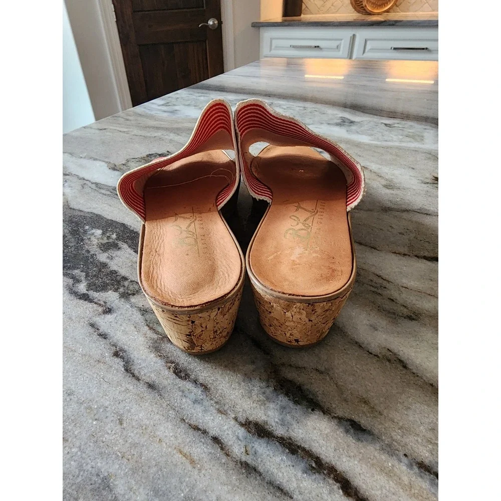 Vintage Y2K Red White Striped Cork Wedge Slide Sandals Womens